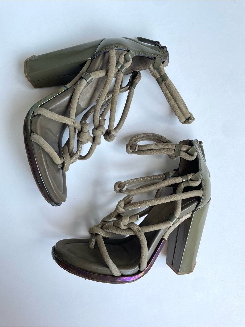 Alexander Wang Tempest Knot Heels, Khaki Green Leather and Suede Sandals Size 38